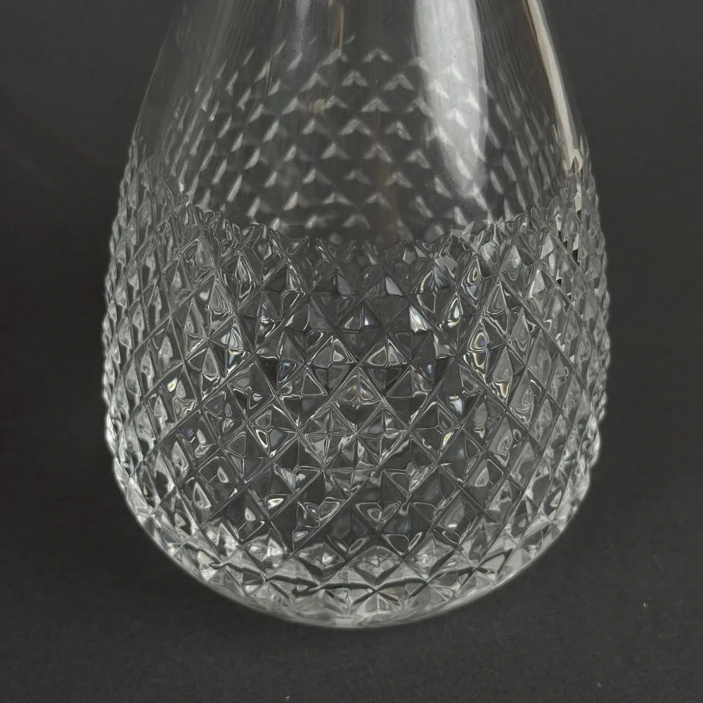Vintage Pressed Glass Decanter with Stopper Diamond Pattern Star Base 13.5